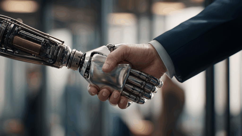 Human hand shaking hands with a robotic AI hand in a modern office, symbolizing collaboration and trust between people and technology.