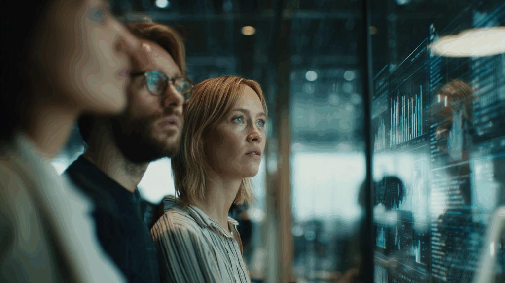 European digital marketing team analyzing real-time campaign data on interactive screens, focusing on performance dashboards and AI-driven insights.