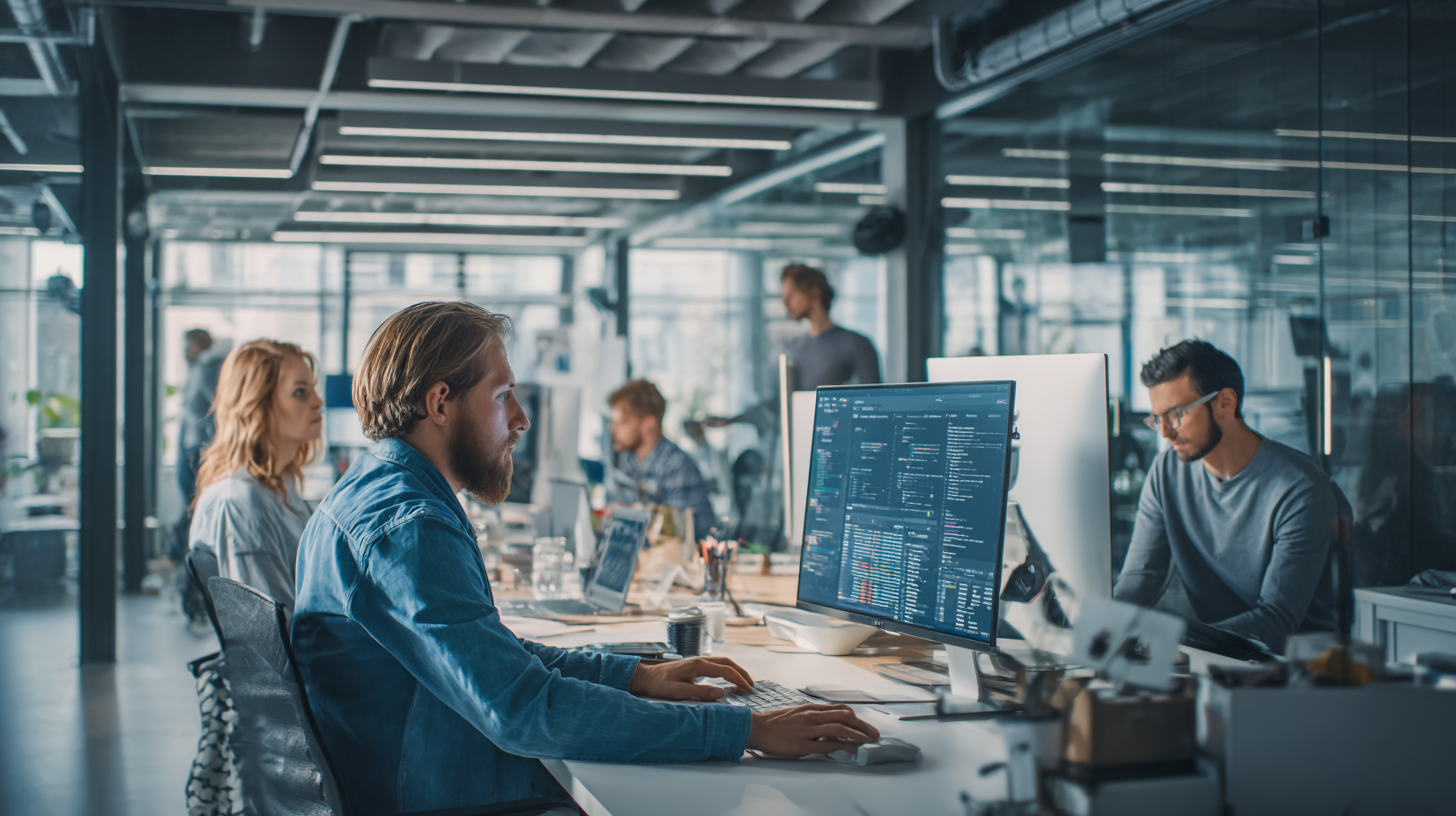 European digital marketing professionals analyzing data and working with automation dashboards in a modern open office.