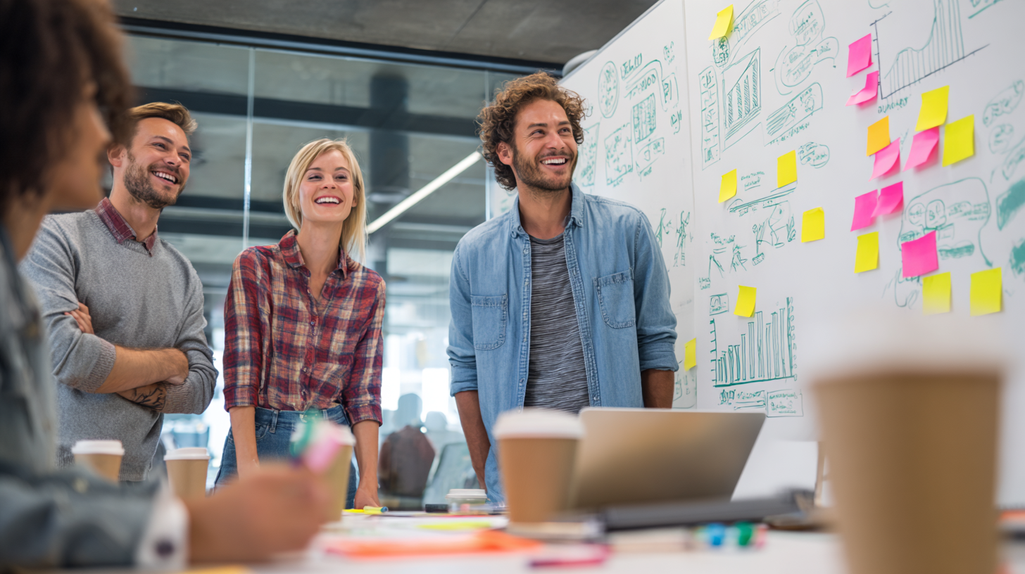 Smiling European marketing team collaborating around a whiteboard filled with notes and charts during an in-house strategy meeting in a modern office.