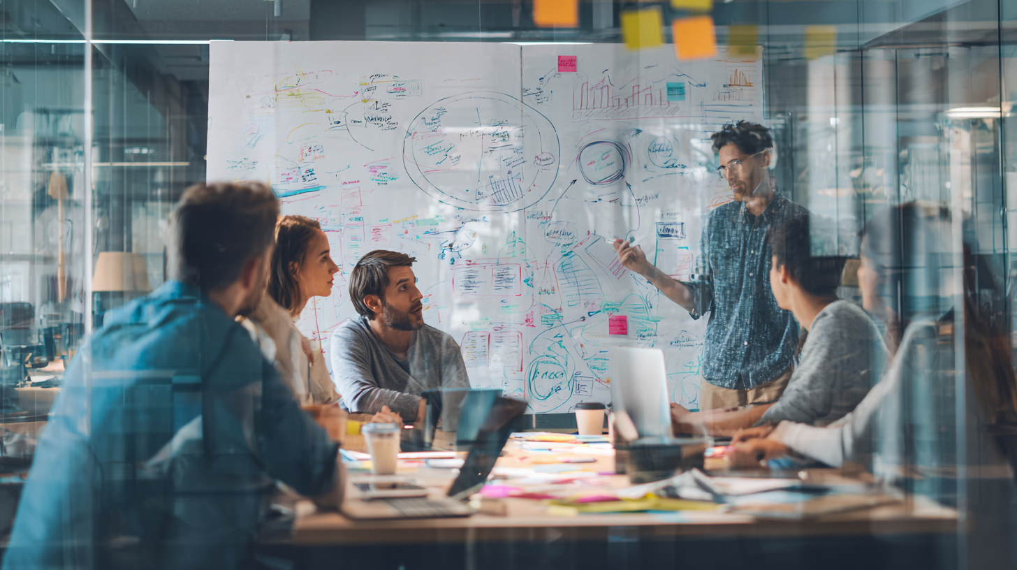 Modern European marketing team planning strategy together around a whiteboard filled with charts, notes, and creative ideas in a glass-walled office.