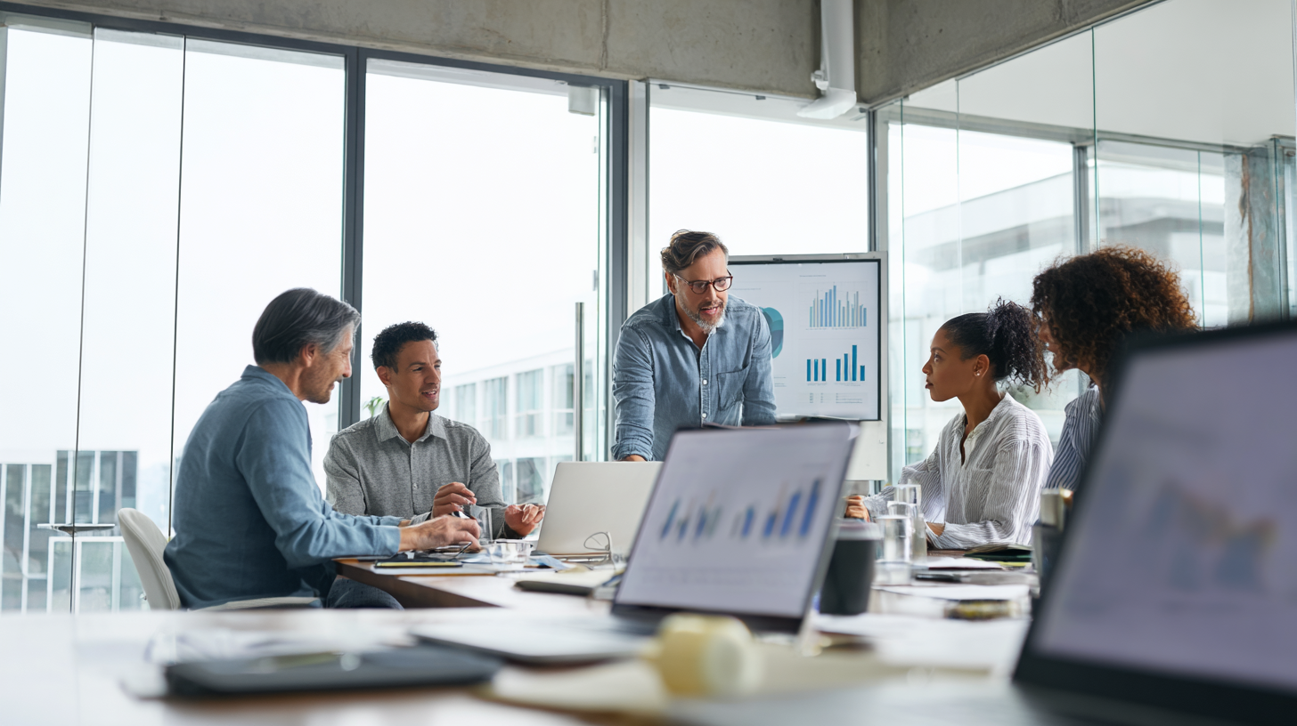 A diverse marketing team in a modern glass office analyzing business data and digital performance charts during a strategy meeting.