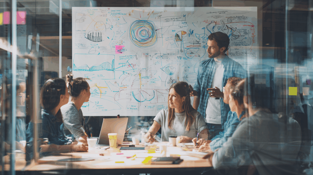 European marketing team collaborating on media strategy around a whiteboard with charts and notes in a modern office.