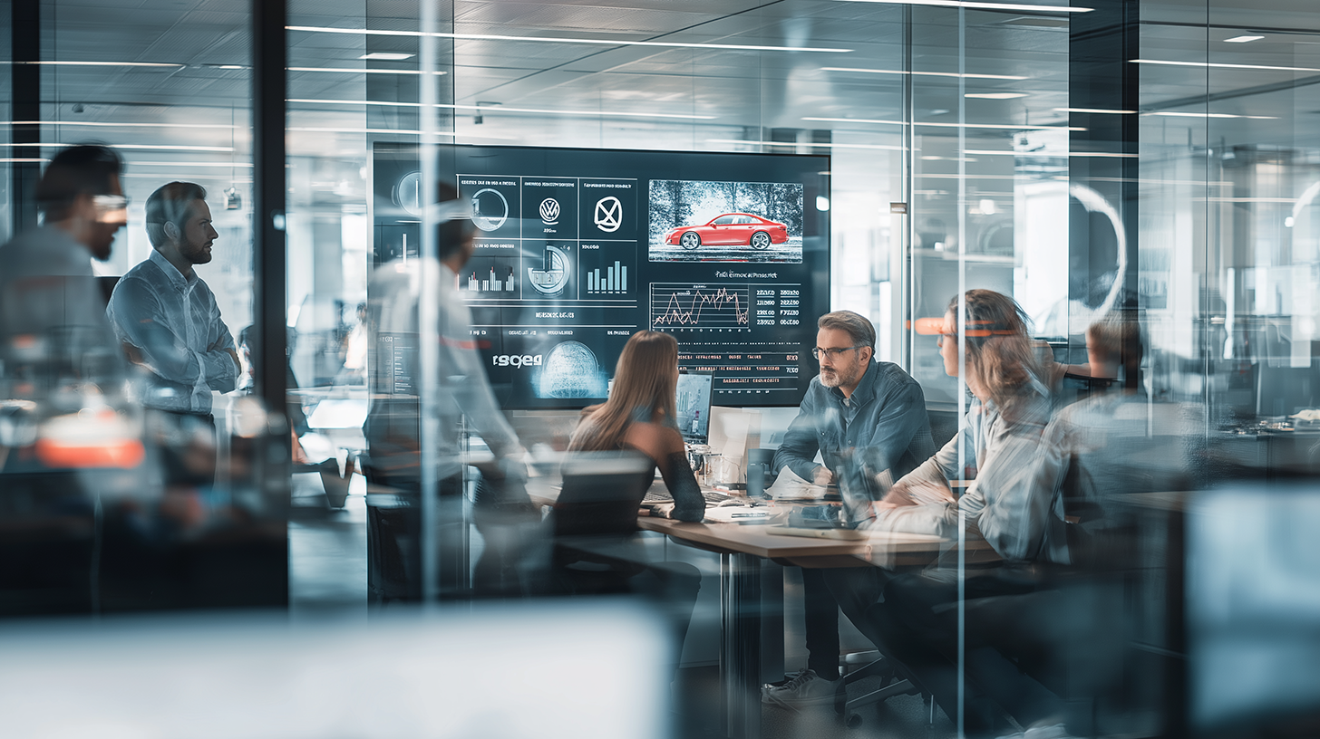 In-house automotive marketing team analyzing data dashboards in a modern glass office at Volkswagen Group, planning multi-brand digital strategy and media transformation.
