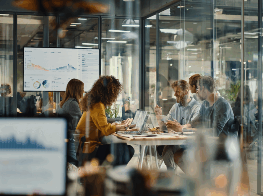 Team of digital marketers discussing campaign analytics in a modern glass office with data dashboards on screen