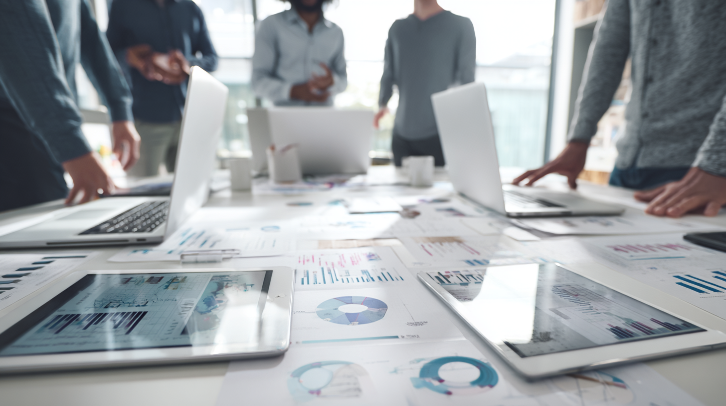 Zespół analizujący dane marketingowe i raporty mediowe na spotkaniu strategicznym