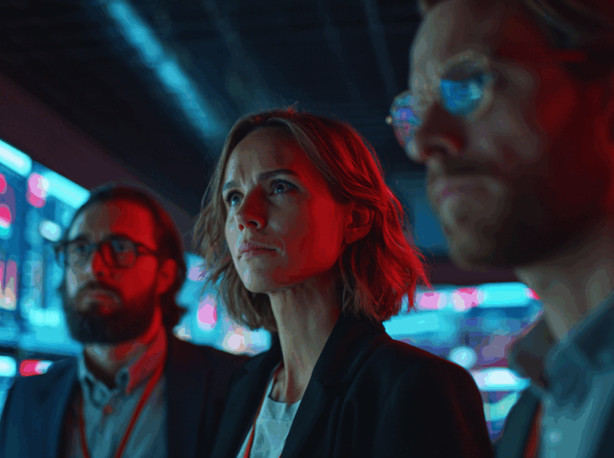 A group of digital marketing professionals analyzing red and blue data visualizations on large programmatic advertising dashboards, symbolizing the inefficiency and complexity of the ad-tech ecosystem.